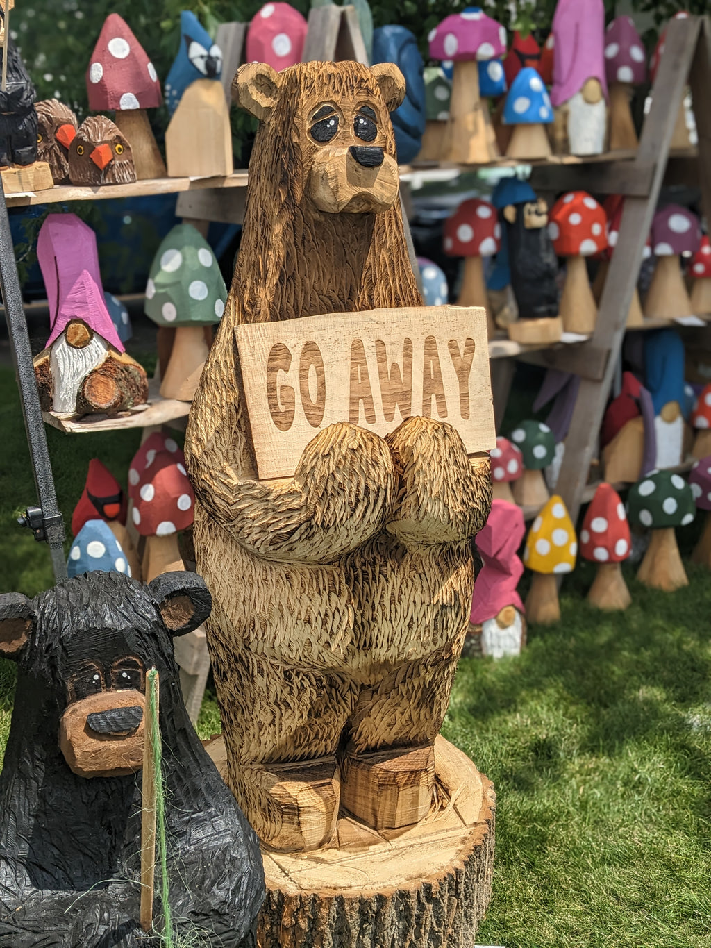 6ft Tall Chainsaw Carved Bear with Welcome/Go Away Sign *One-of-One*