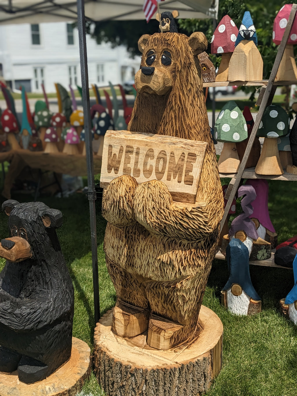 6ft Tall Chainsaw Carved Bear with Welcome/Go Away Sign *One-of-One*