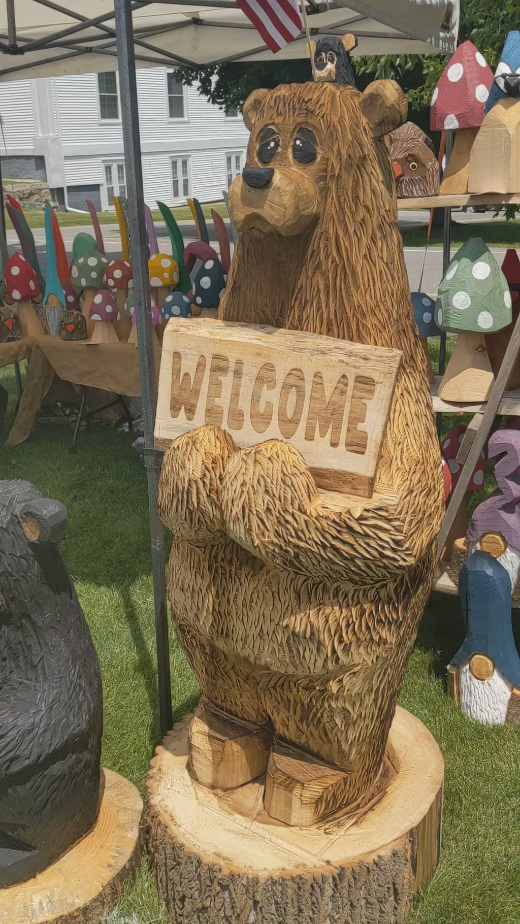 6ft Tall Chainsaw Carved Bear with Welcome/Go Away Sign *One-of-One*
